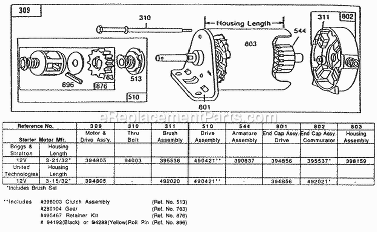 Electric Starter And Chart Diagram and Parts List for  Briggs and Stratton Engine